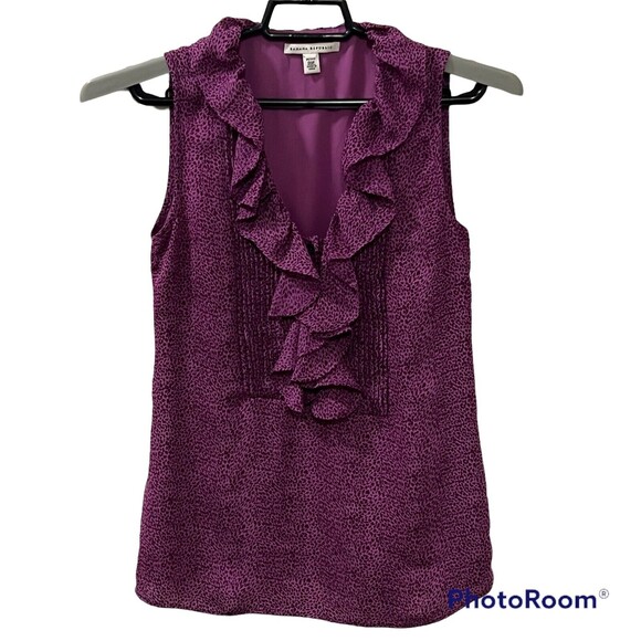 Banana Republic Womens Printed Ruffle Neck Sleeveless Blouse V-Neck Lined SZ 00 - Picture 1 of 12